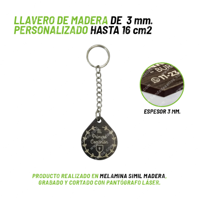 Llavero Madera 3mm Personalizado hasta 16cm2