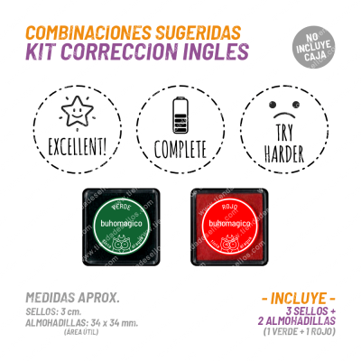 Kit Corrección Inglés - 3 Sellos 2 Almohadillas BuhoMagico