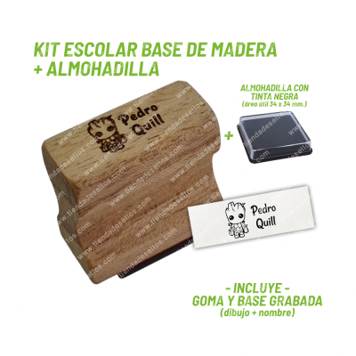 Kit Sello Escolar en Base de Madera con Dibujo + Almohadilla