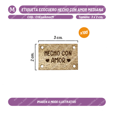 Pack 100 Etiquetas Ecocuero Hecho con Amor Mediana